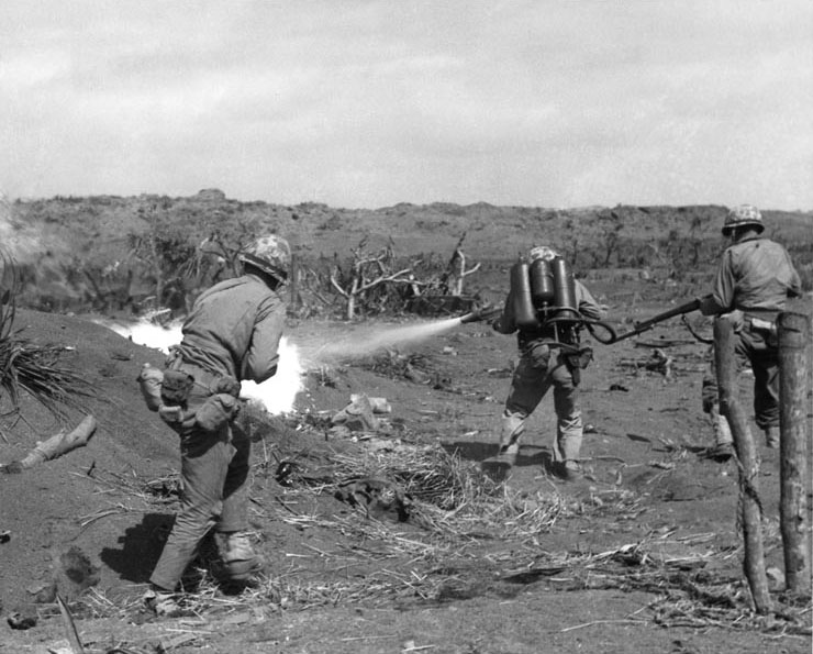 A US Marine used a flamethrower against a Japanese pillbox